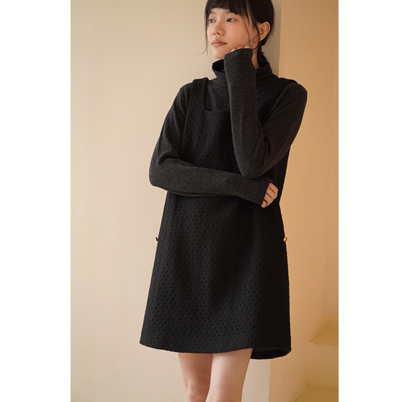 100%ウールワンピース　ウールノースリーブワンピース　ブラック　S-XL#664