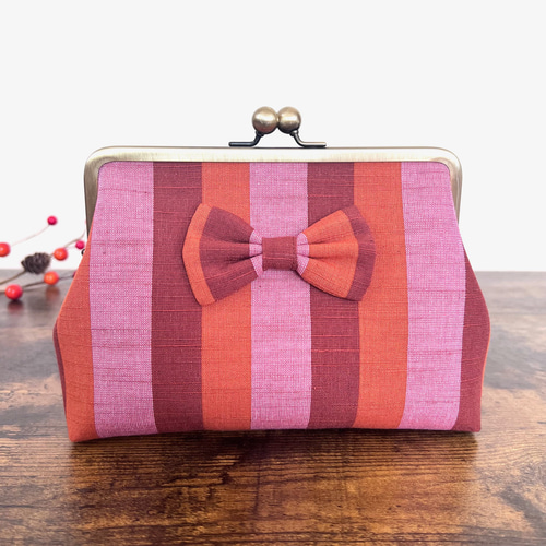 会津木綿＊文庫本や母子手帳が入る リボンが可愛い大きいがま口ポーチ