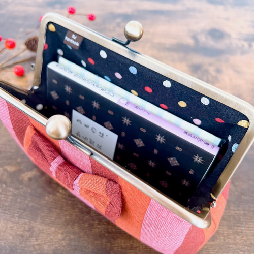 会津木綿＊文庫本や母子手帳が入る リボンが可愛い大きいがま口ポーチ