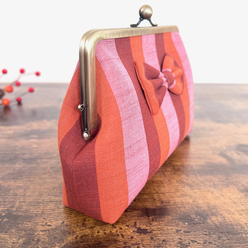 会津木綿＊文庫本や母子手帳が入る リボンが可愛い大きいがま口ポーチ