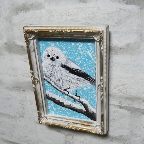 「一石二鳥」　シマエナガ　ミニ絵画　原画　油彩画　油絵 油絵 油彩 油彩画 絵 絵画 ミニ絵画 【冬のシマエナガ】 絵画 HR