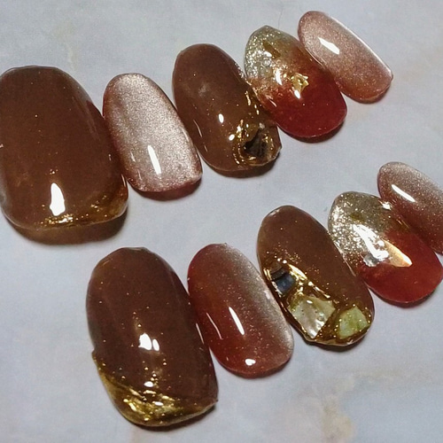 みくページ ネイルチップ ジェルネイルチップ☆付け爪☆ベージュ5ミクロンマグネット☆ブラウン