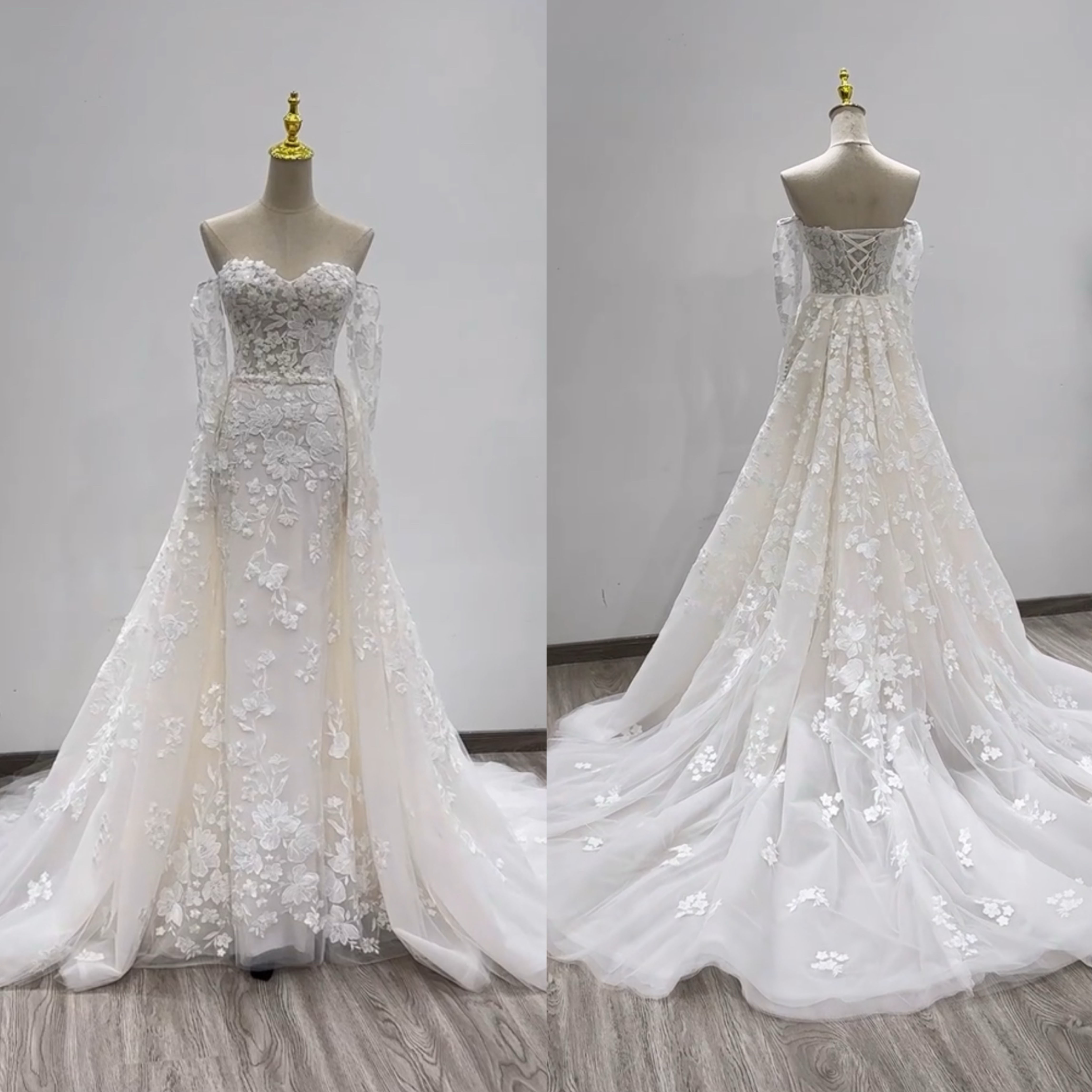 取り外し可能お袖　オフショルダー　２ways タイトスカート　オーバースカート　ブライダル結婚式’パーディードレス前撮り