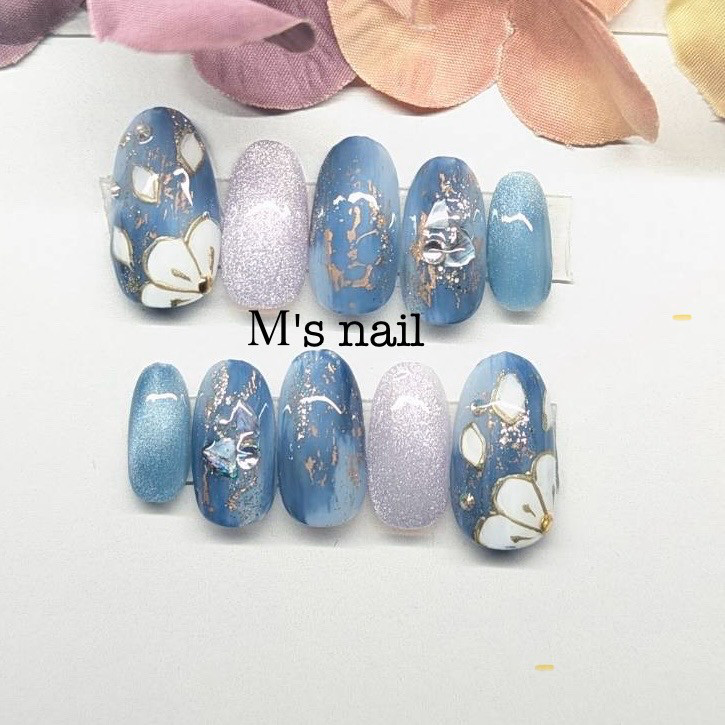 振袖ニュアンスブルーフラワーオーダーチップ  着物和柄成人式卒業式ネイルチップつけ爪