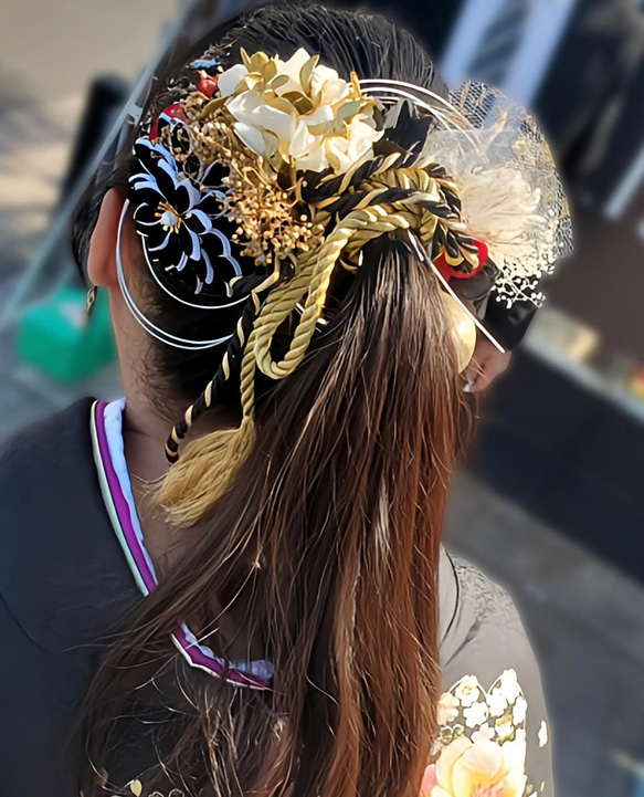 成人式　髪飾り ブラック×ゴールド 成人式振袖髪飾り 成人式 髪飾り ポニー オシャレ