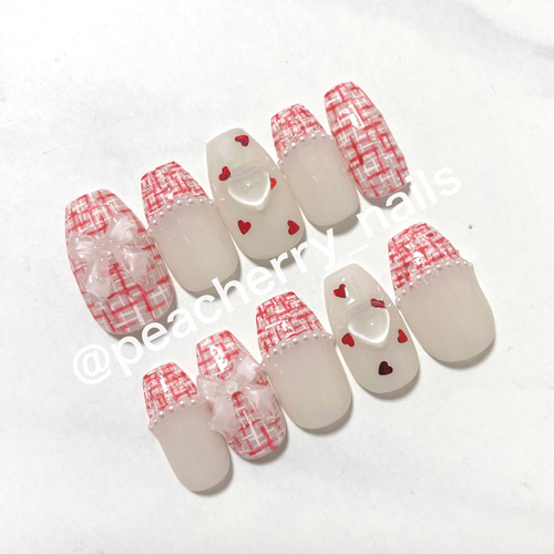 着画あり】ハンドメイド ピンク フレンチ ネイルチップ パール リボン 