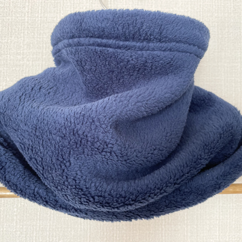 モコモコダークブルーネックウォーマーネイビー フリース ハンドメイド