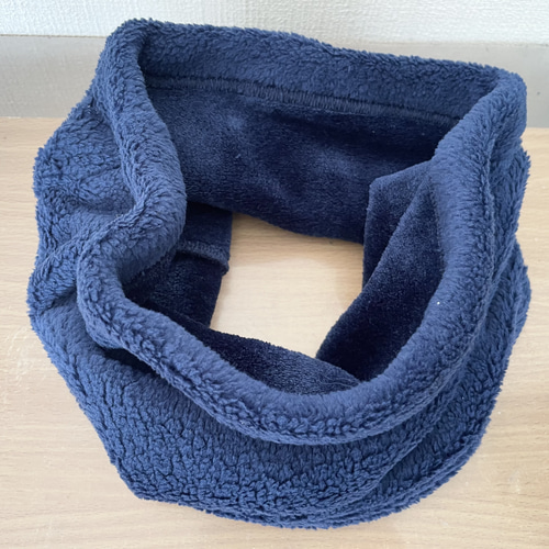 モコモコダークブルーネックウォーマーネイビー フリース ハンドメイド