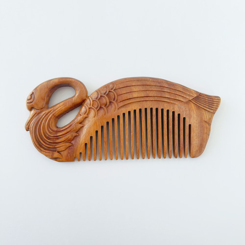 高級緑檀木 くし 木製櫛 両面彫刻 白鳥 【桃太郎】お守り 静電気防止