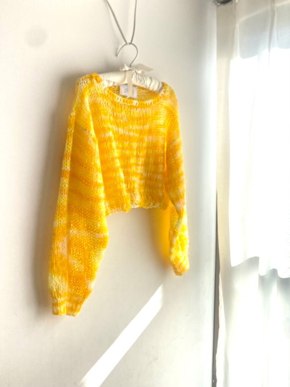 手編みシアーモヘアニット 短丈 長め袖 ミモザカラー ローゲージ