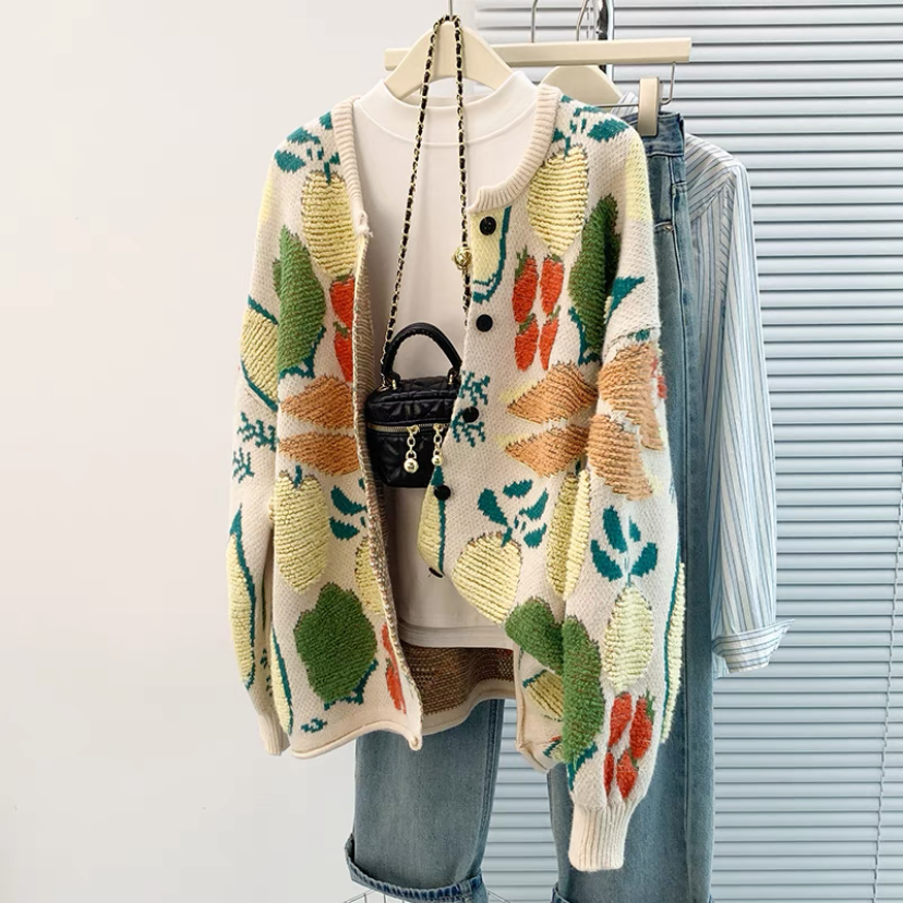 カーディガン、ニット、ジャカード、春、秋冬、防寒対策