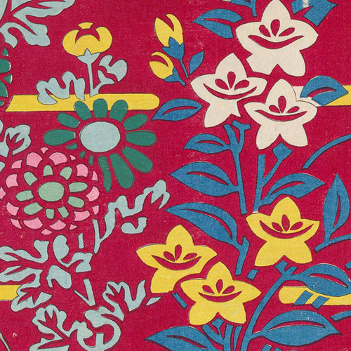 花柄和モダン日本画アートポスター☆赤色カラフル古典柄桔梗お正月明治