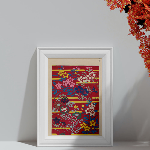 花柄和モダン日本画アートポスター☆赤色カラフル古典柄桔梗お正月明治