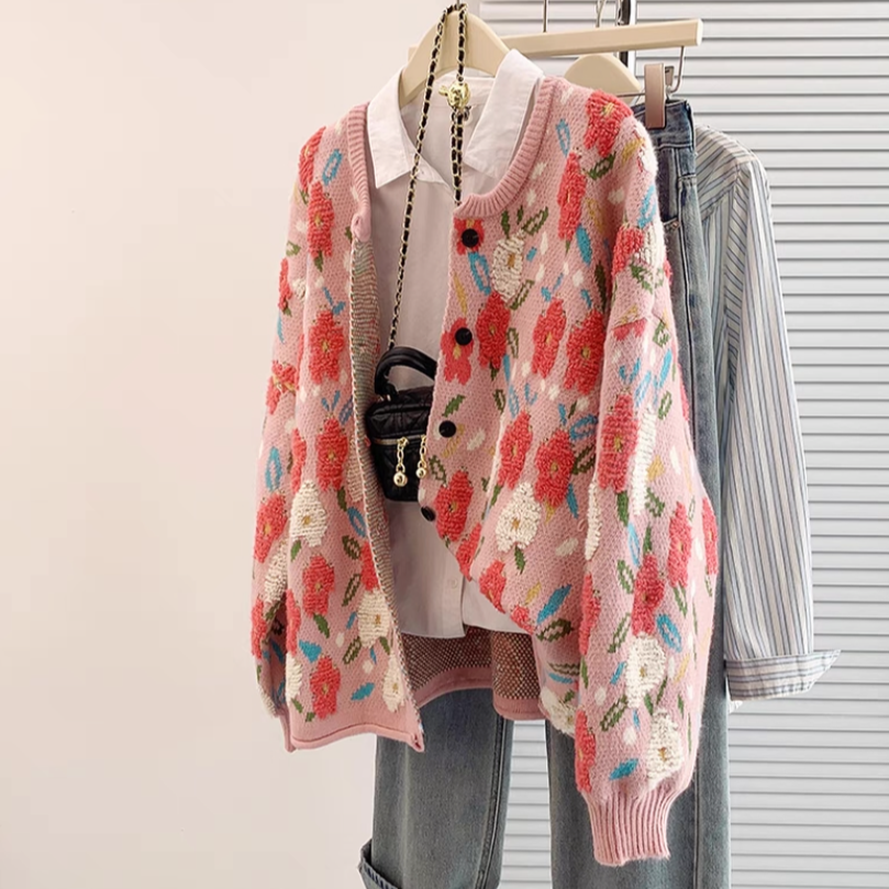 カーディガン、ニット、ジャカード、春、秋冬、防寒対策