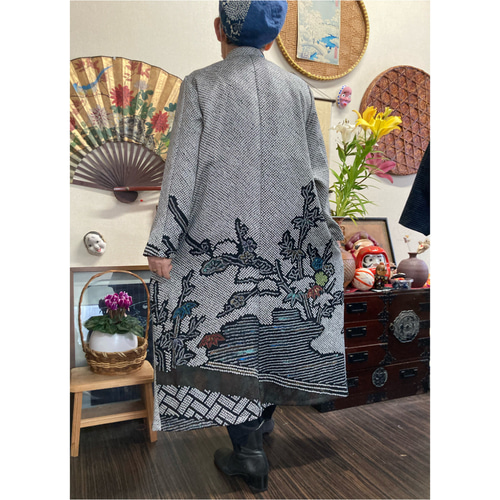 訪問着の総絞りの前開きワンピースコート(ストール付き) 着物