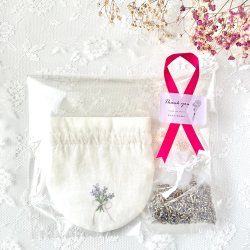 2401-36 手のひら巾着サシェ 香り袋 綿麻 レース ローズ 刺繍 ピンク 2401-36 手のひら巾着サシェ 香り袋 綿麻 レース ローズ 刺繍 ピンク