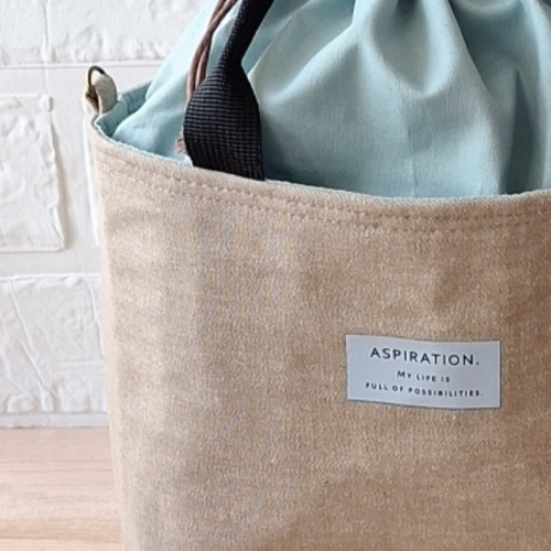 デニム巾着トートバッグ ベージュ オールドブルー 自立カバン ランチ