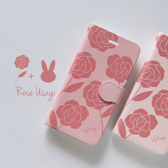 スマホケース　バラとウサギ　薔薇　ばら　ネコ　猫　スマホカバー 1枚目の画像
