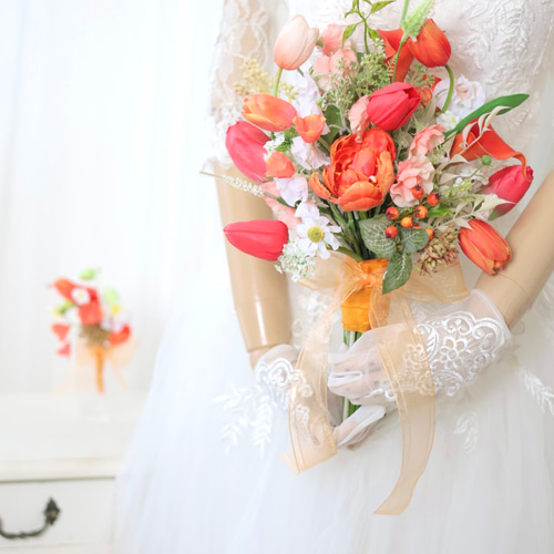 【2月末まで値下げ】春の花嫁さま❤︎チューリップブーケ&ブートニア チューリップ♡スズランのウェディングブーケ＆ブートニア【アーティ