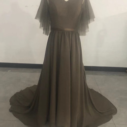 ブラウン Vネック チュールロングドレス ブラウン Vネック チュールロングドレス