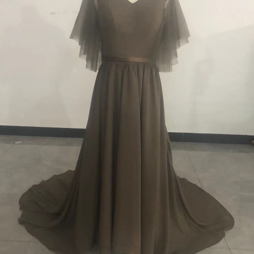 ブラウン パーティードレス パーティードレス ブラウン カラードレス Vネック ふわふわ袖