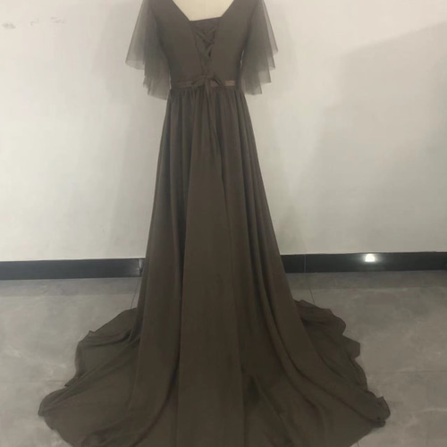 パーティードレス ブラウン キャミソール Vネック 背中見せ ソフト  