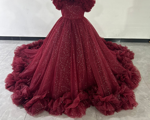 豪華！カラードレス ボルドー色 キラキラチュール オフショルダー 花嫁