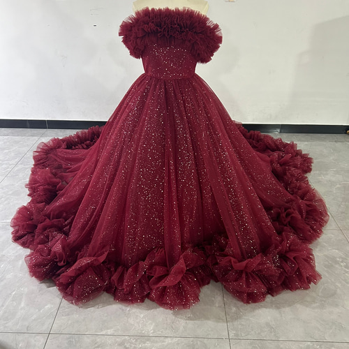 ボルドー オフショルダー フリルドレス