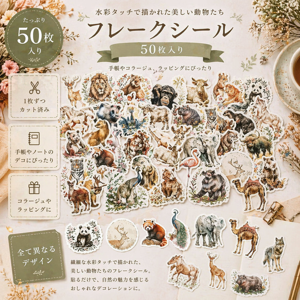 動物♡490円♡手描き フレークシール 30枚 フレークシール 50枚入り 動物 水彩 おしゃれ ナチュラル PVC