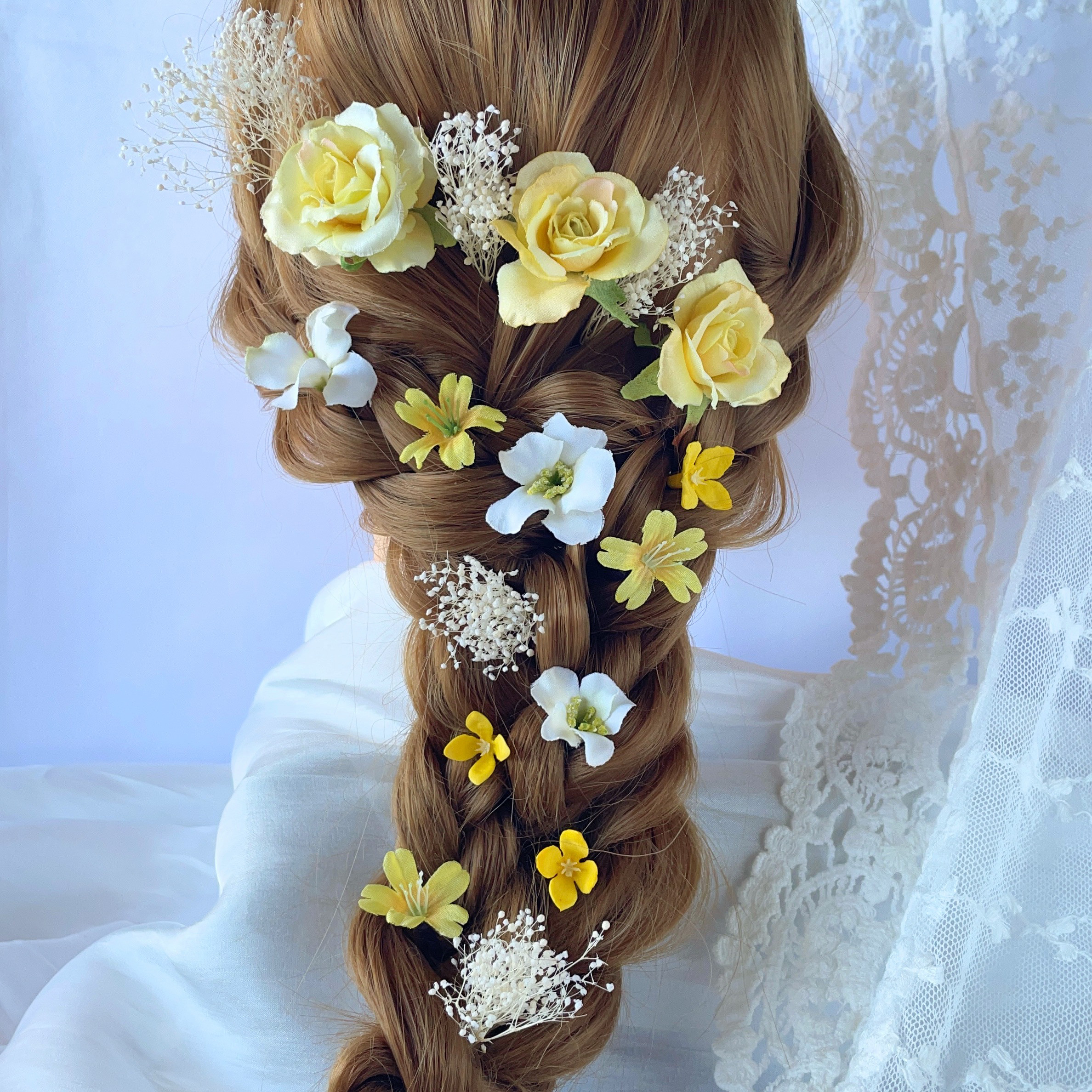 ヘッドドレス　ブライダル　ウエディング　結婚式　かすみ草　造花　振袖　成人式ヘア　卒業式　袴　髪飾り　イエロー