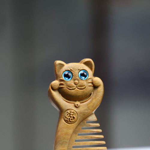 高級緑檀木 くし 木製櫛 コンパクト 猫 ねこ お守り 静電気防止 美髪