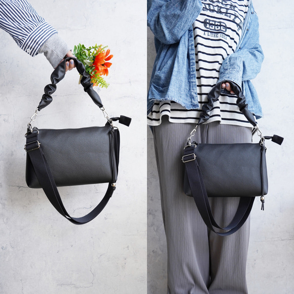 雨の日もおしゃれに♪撥水エコレザー 2way ショルダーバッグ(黒)軽量 ギャザーハンドルバッグ ハンドバッグ 旅行に◎ 2枚目の画像