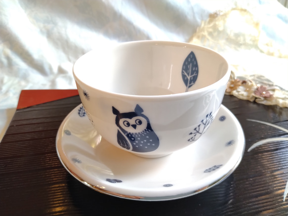 【北欧柄の煎茶カップ＆ソーサー】フクロウ 1枚目の画像