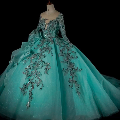 美品！翡翠色 優雅なカラードレス 長袖 シースルー袖 魅惑の花レース