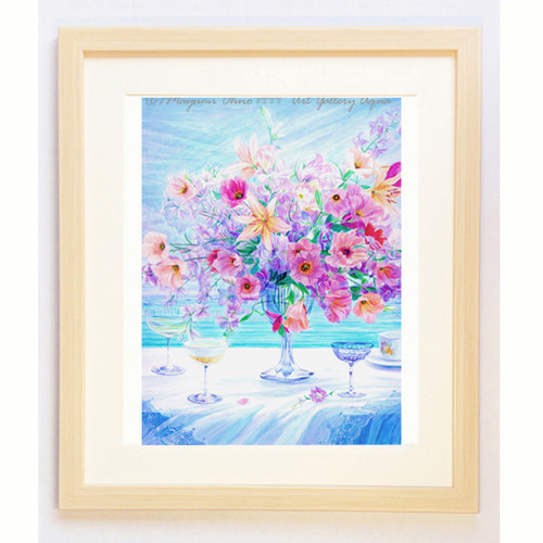 額装☆アメリカで版画化 花の絵 花 フラワー 水彩画 ブルー