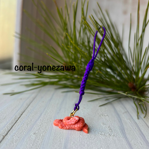 珊瑚根付け☆鯛☆ストラップ☆絹糸根付け紐