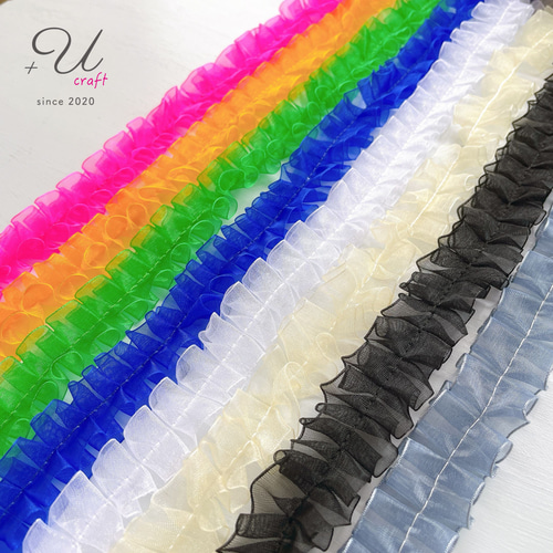ゆっこ様ハンドメイド♡ビニールフリフリリボン パープル×ブラック① 982【オーガンジーフリルリボン/1m】ショッキングピンク リボン