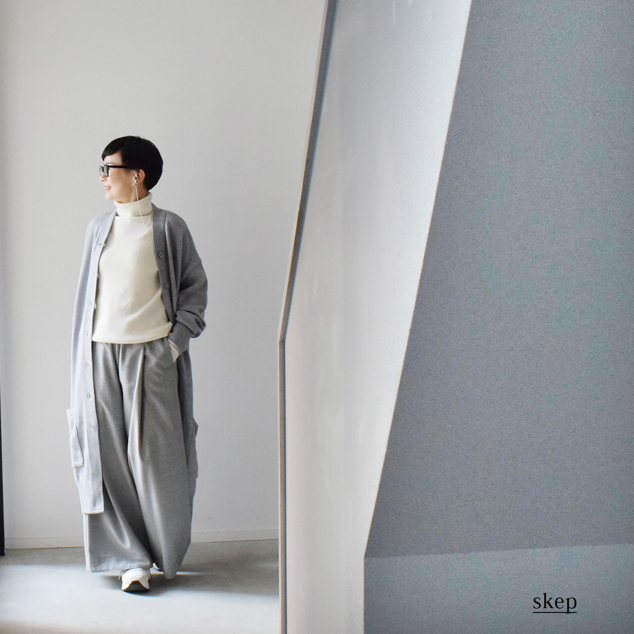 ロングニットカーディガン：グレー［NTCA43LSGY］