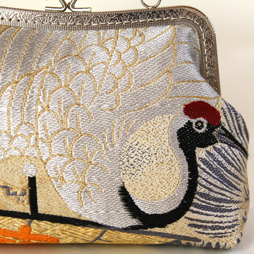 アンティーク帯リメイク礼装バック/銀の鶴/和装バッグ/スマホ入ります