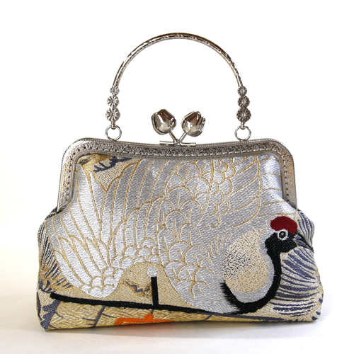 アンティーク婚礼丸帯リメイク礼装バック/和装バッグ/パーティー/着物リメイク アンティーク帯リメイク礼装バック/銀の鶴/和装バッグ/スマホ入ります