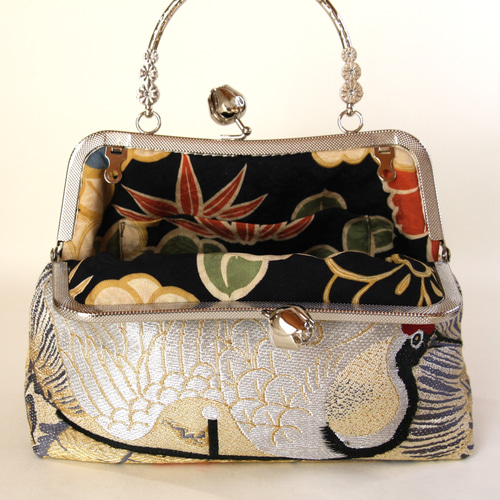 アンティーク帯リメイク礼装バック/銀の鶴/和装バッグ/スマホ入ります