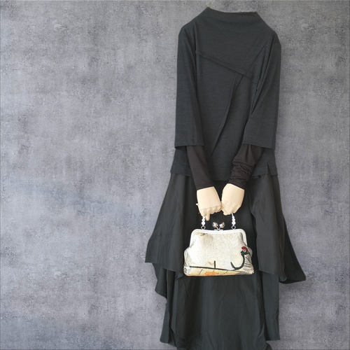 アンティーク帯リメイク礼装バック/銀の鶴/和装バッグ/スマホ入ります