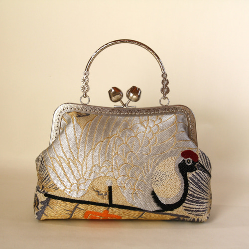 アンティーク帯リメイク礼装バック/銀の鶴/和装バッグ/スマホ入ります