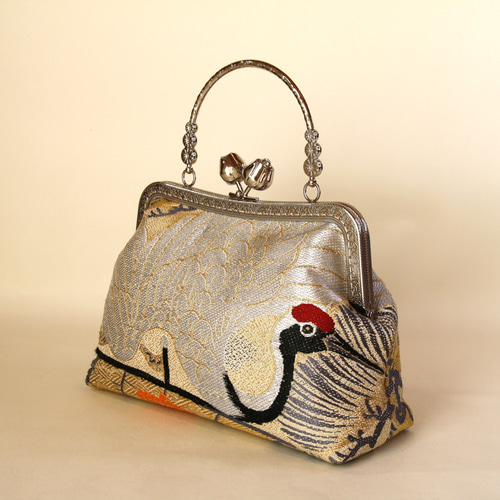 アンティーク帯リメイク礼装バック/銀の鶴/和装バッグ/スマホ入ります