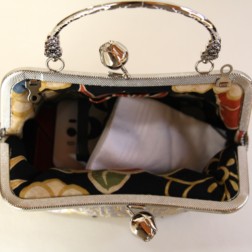 アンティーク帯リメイク礼装バック/銀の鶴/和装バッグ/スマホ入ります