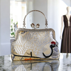 アンティーク帯リメイク礼装バック/銀の鶴/和装バッグ/スマホ入ります