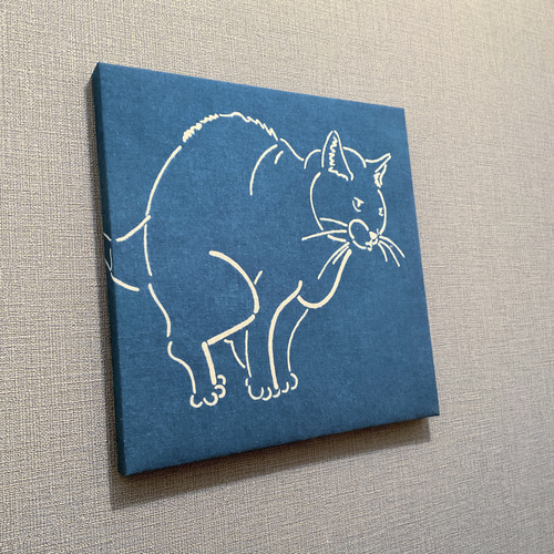 ふんばるもん！No.4/藍染/手染め/猫/ファブリックパネル タペストリー