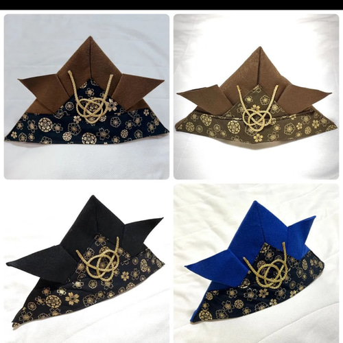 ベビー袴と兜】ハンドメイド ベビー着物 ベージュ青白花柄 焦茶 60 70 