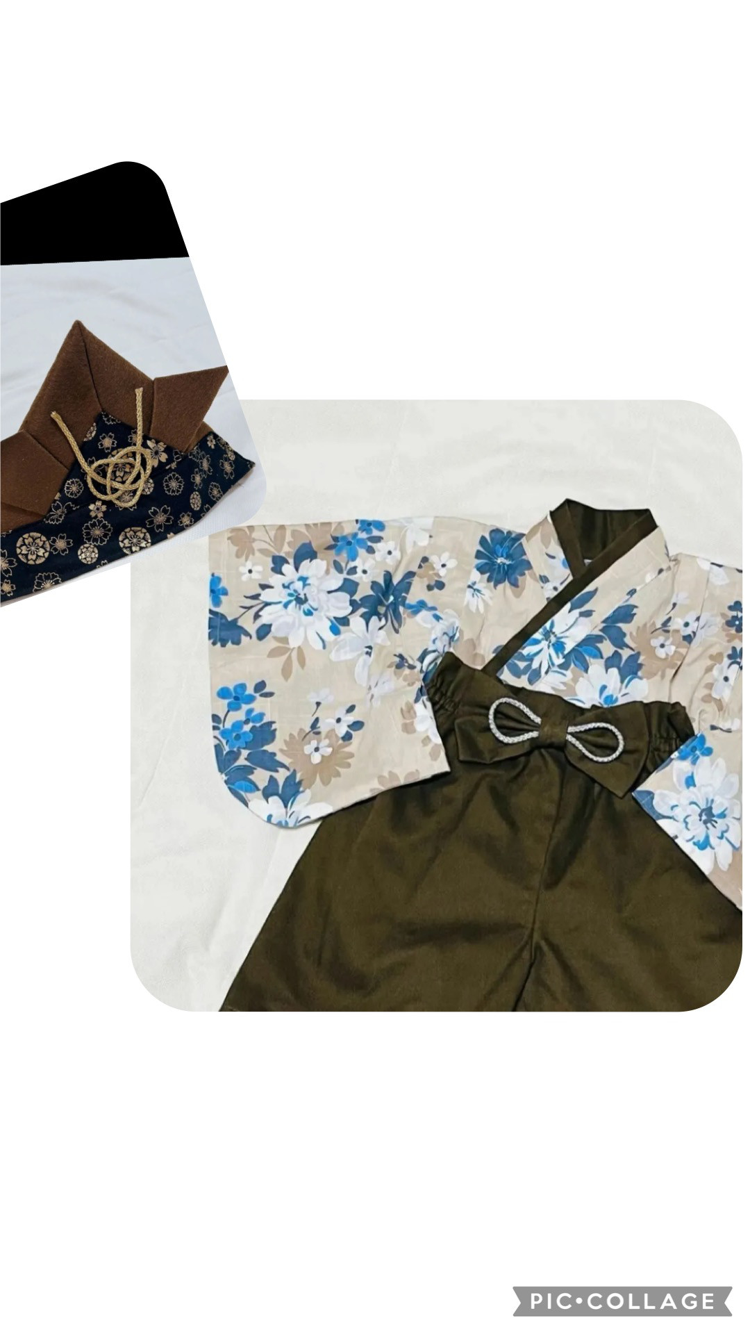 【ベビー袴と兜】ハンドメイド　ベビー着物　ベージュ青白花柄　焦茶　60 70 80サイズ