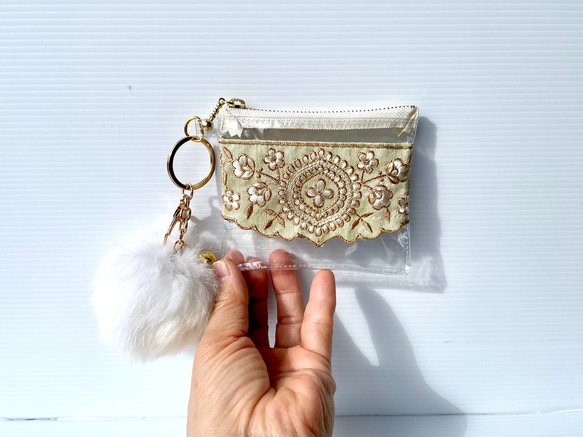 インド刺繍リボンクリアポーチ❣️キーホルダー キーケース